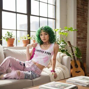 Pink & White Argyle Crop Tank Top Sleeveless Knit Diamond Pattern Streetwear L